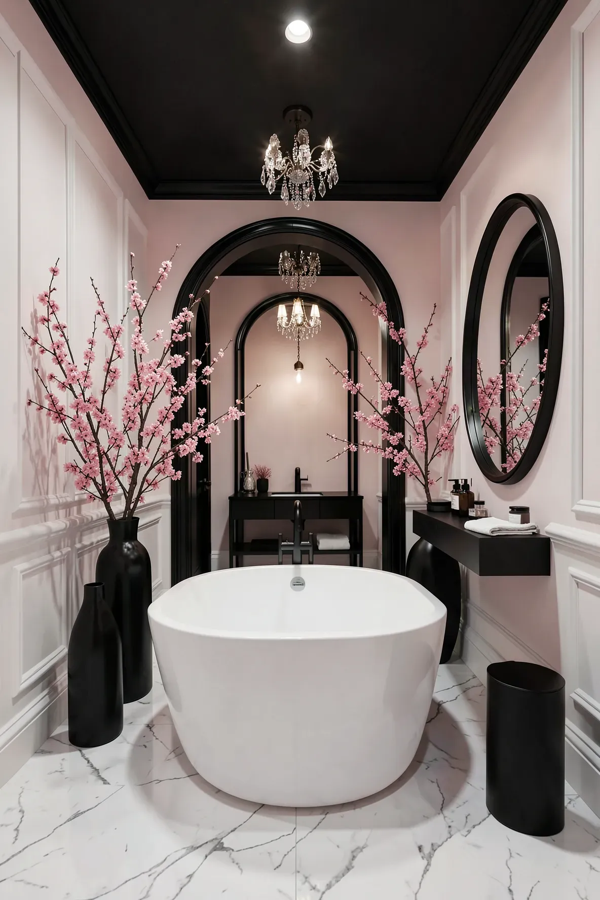 A luxury black-and-pink bathroom corridor with a glossy white freestanding oval soaking tub, crystal chandelier lighting, tall pink cherry-blossom branches in black vases, and arched black-framed openings leading toward the vanity.