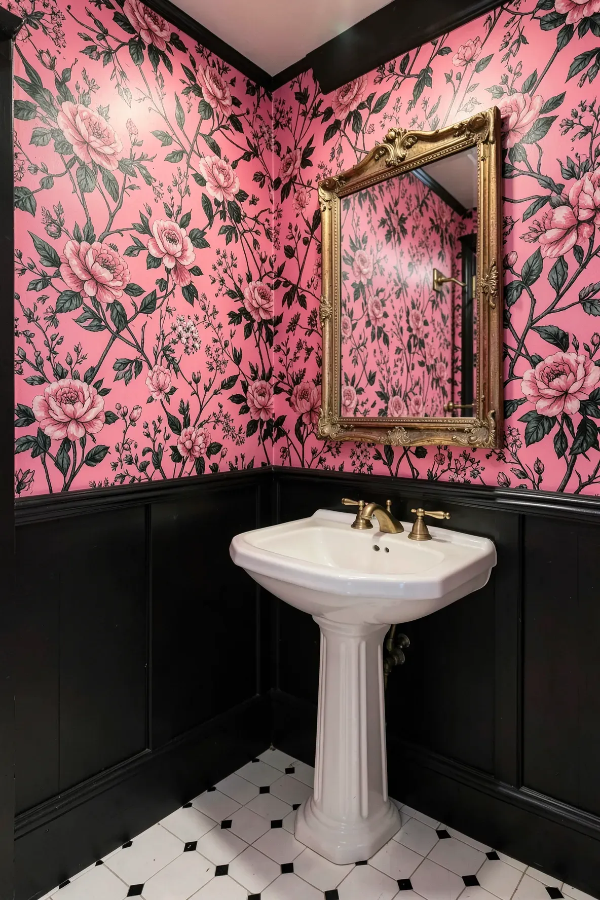 A corner powder-room style bathroom with vivid pink floral wallpaper above dark wainscoting, a white pedestal sink with brass/gold faucet, an ornate gold-framed mirror, and neat, warm-toned styling.