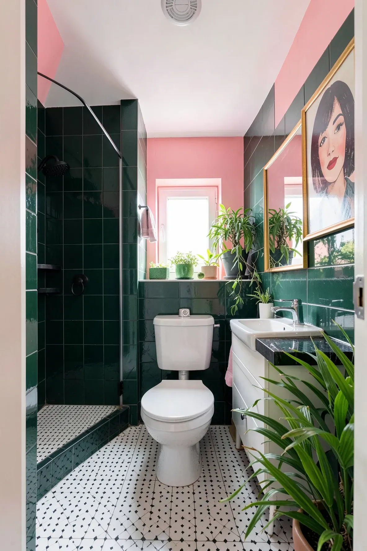A compact bathroom with glossy dark green tiled walls, warm white fixtures, a bright warm pink glow near the window area, a gold-framed portrait on the right wall, and lush green plants in the foreground.