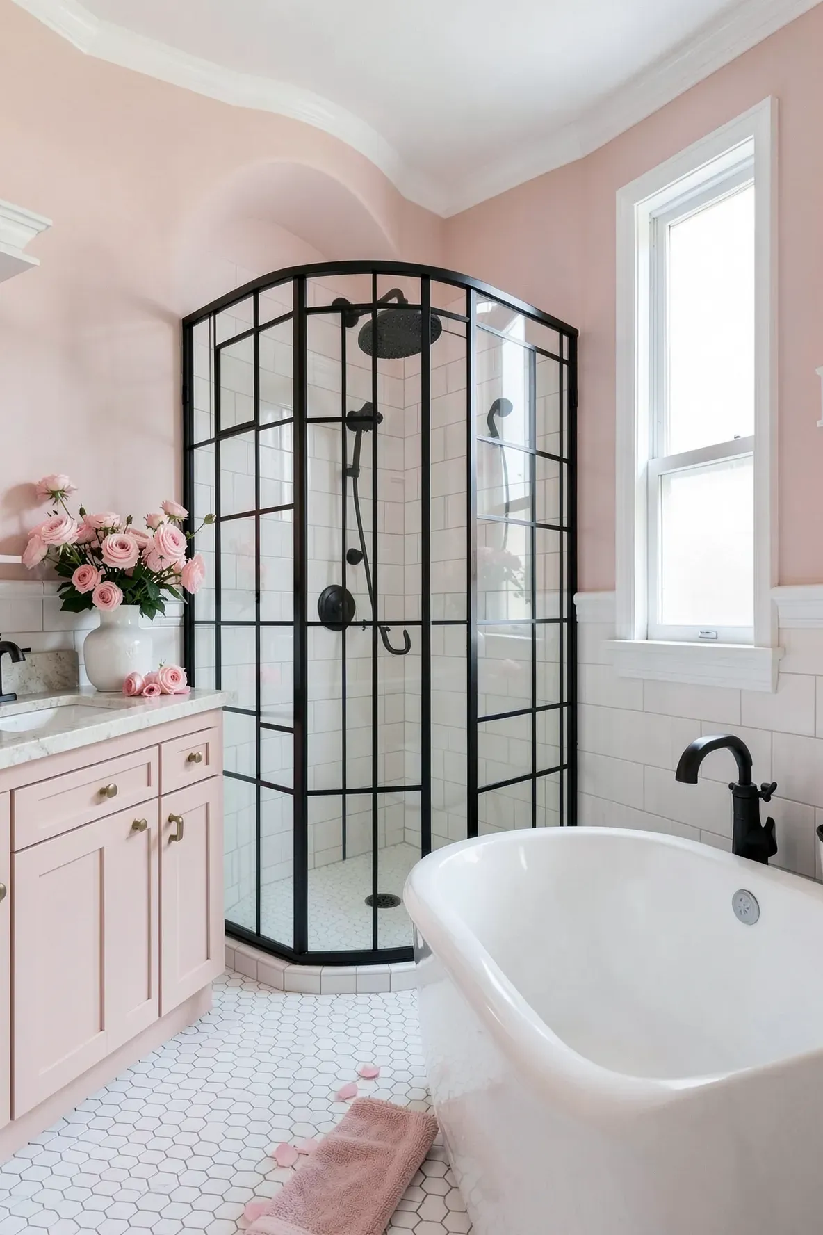A bright modern bathroom featuring a black-framed glass shower enclosure, a white soaking tub on the right, a blush-pink wall, blush-pink florals on the vanity, and a neatly placed pink towel runner on the mosaic floor.