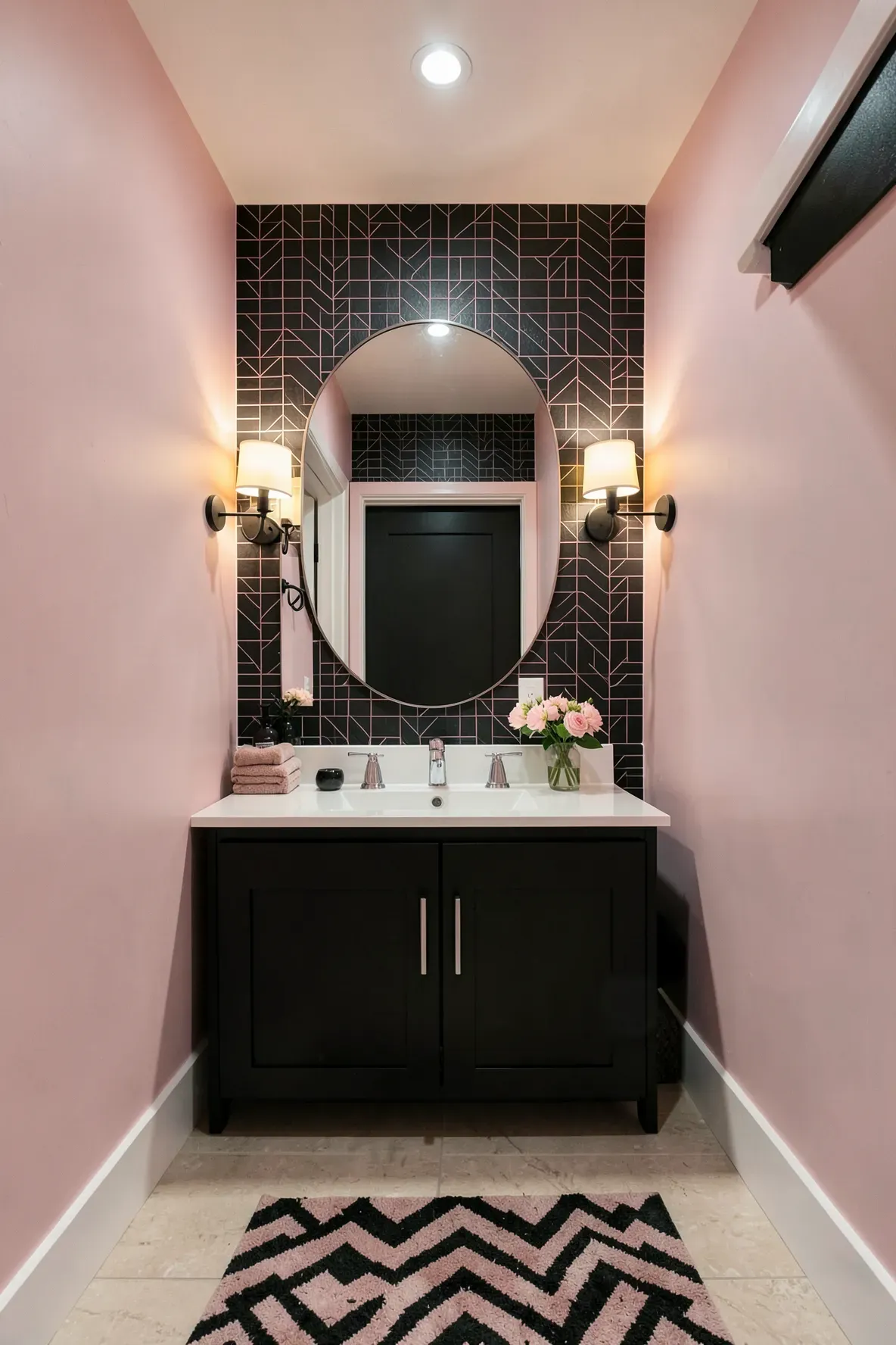A narrow modern black-and-pink bathroom corridor with a matte black vanity, an oval mirror, a chevron runner rug in black and dusty rose tones, stacked towels, and a black geometric arch feature behind the mirror.