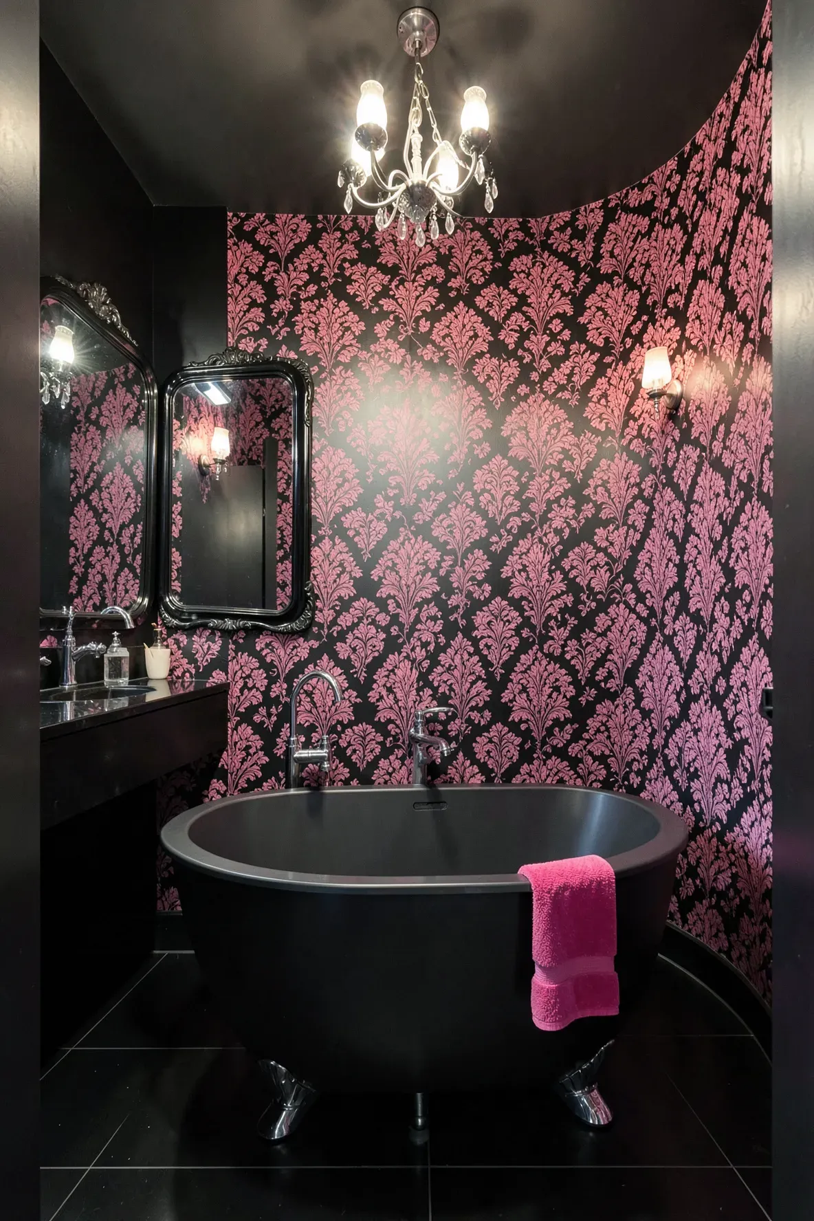 A spa-like bathroom with deep black wallpaper featuring hot-pink ornate damask/floral scrollwork, a vivid hot-pink towel and shag rug, a dark oval soaking tub, and a modern crystal chandelier overhead.