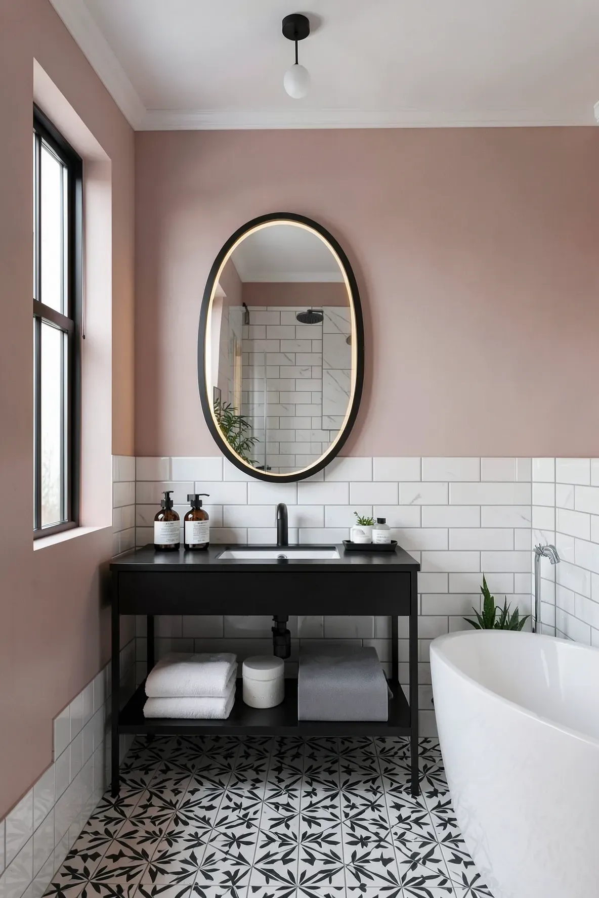 A contemporary bathroom with dusty blush walls, bright white subway tile surround, a large oval mirror with a warm halo, a sleek black vanity, a glossy white freestanding tub on the right, and two lush green plants.