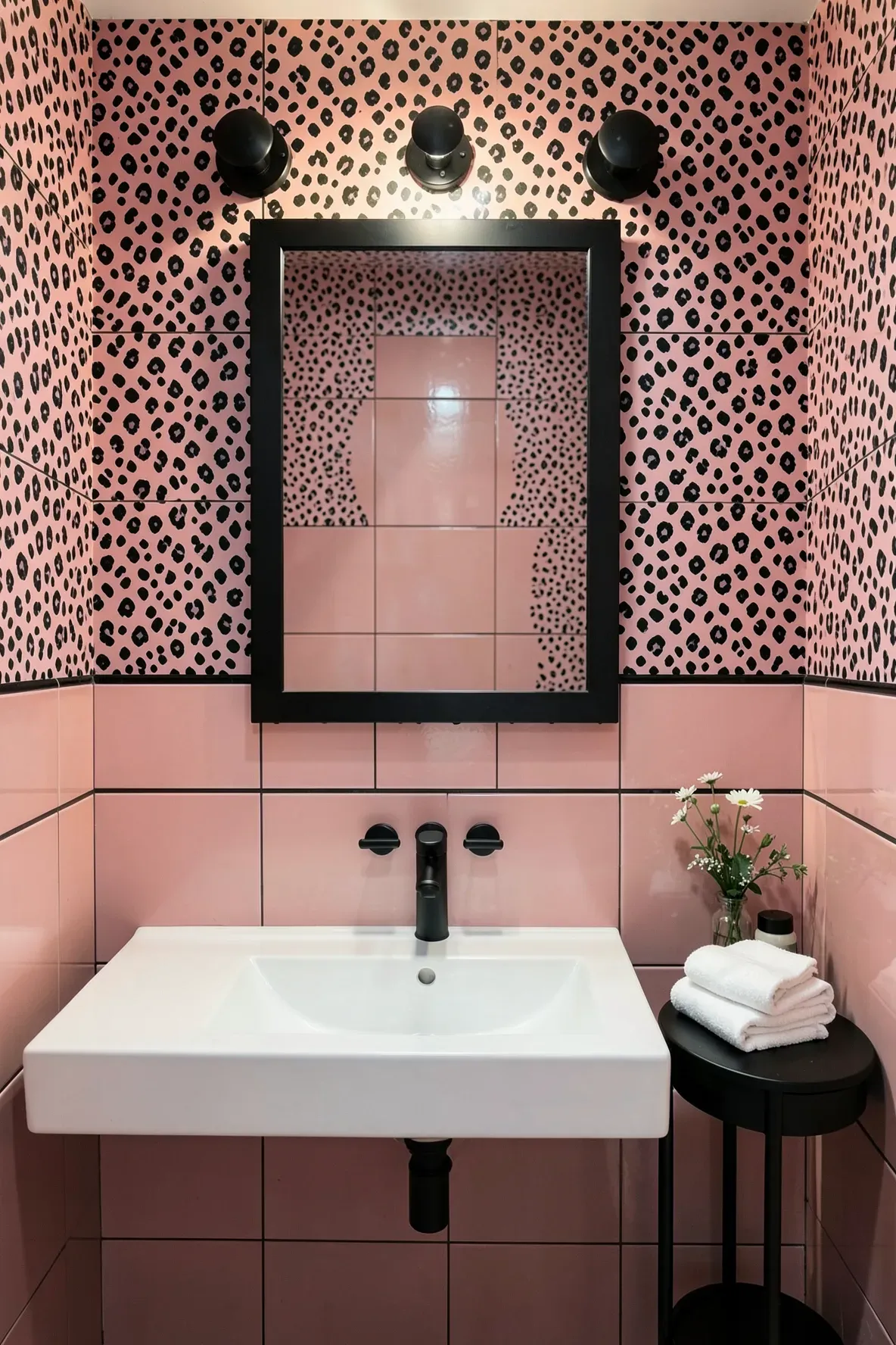 A small modern bathroom with deep black leopard/dot wallpaper behind a thick matte black square mirror, a glossy white sink, matte black wall lights, and a tidy right-side table with folded towels.