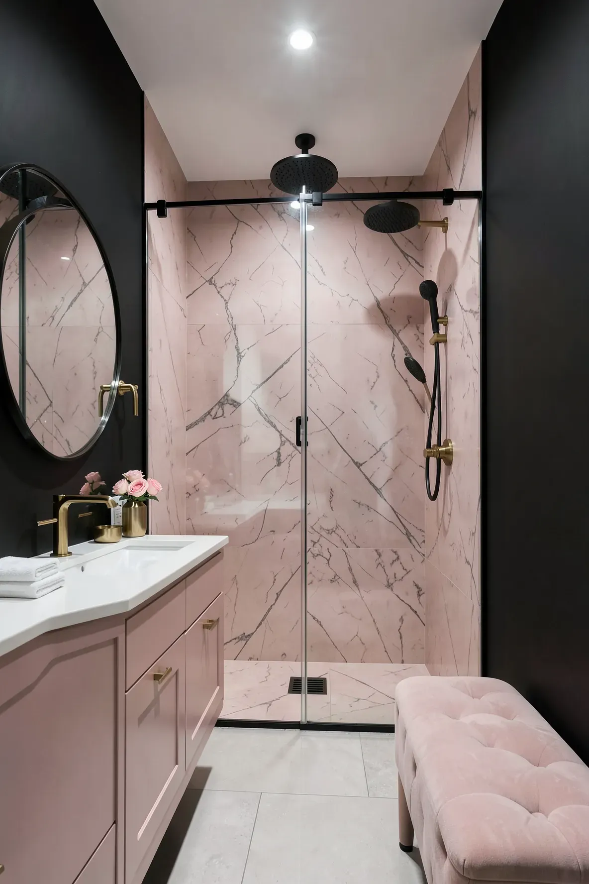 A modern luxury bathroom with matte black walls, a glass walk-in shower with pink marble-patterned tile, a white vanity countertop with gold faucet, and a blush-pink tufted bench with a round gold-rim mirror.