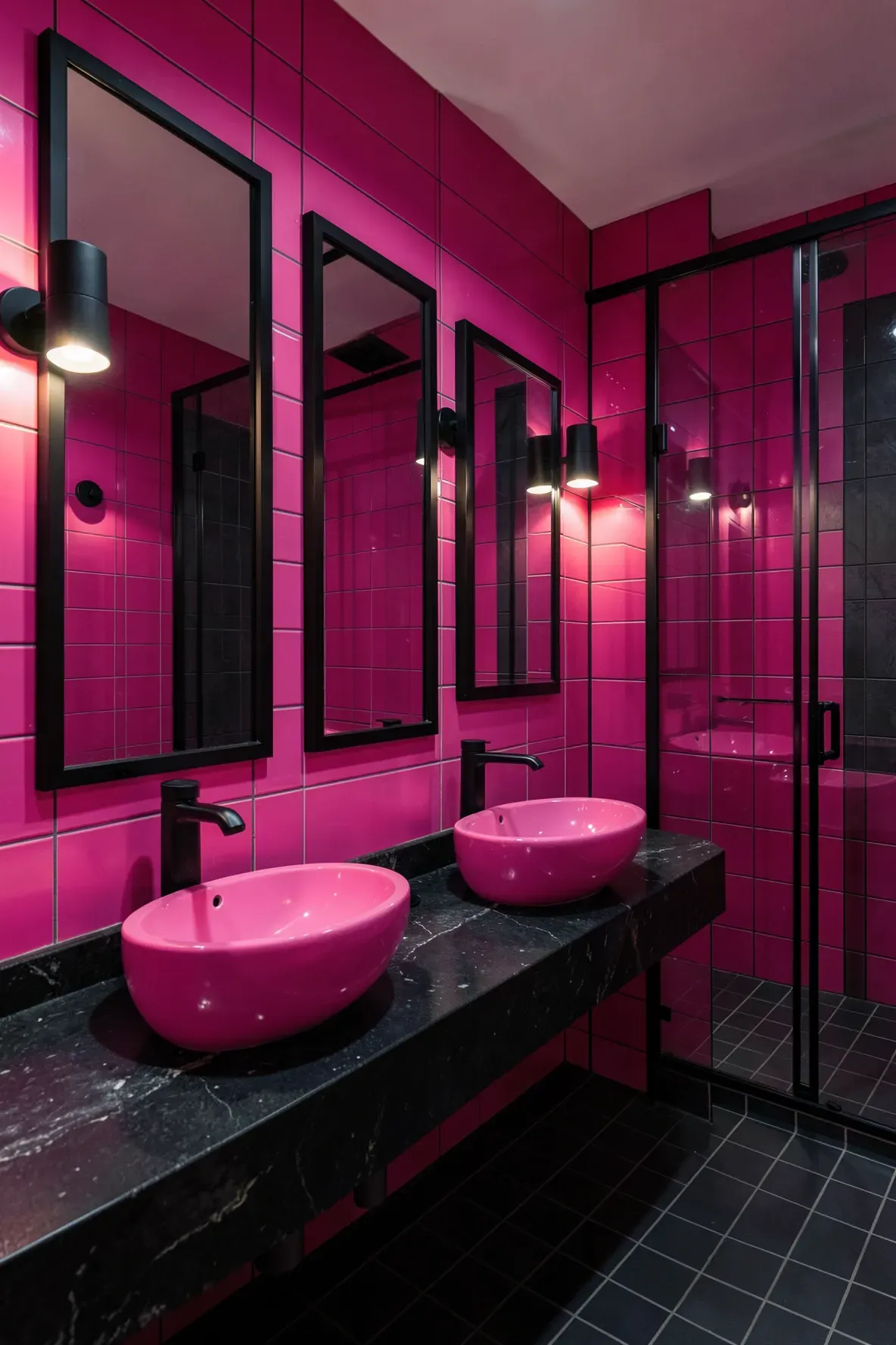 A high-contrast modern bathroom with floor-to-ceiling glossy neon magenta tile walls, a dark long countertop with two glossy pink vessel sinks, two tall black-framed mirrors, black sconce lighting, and a glass shower enclosure to the right.