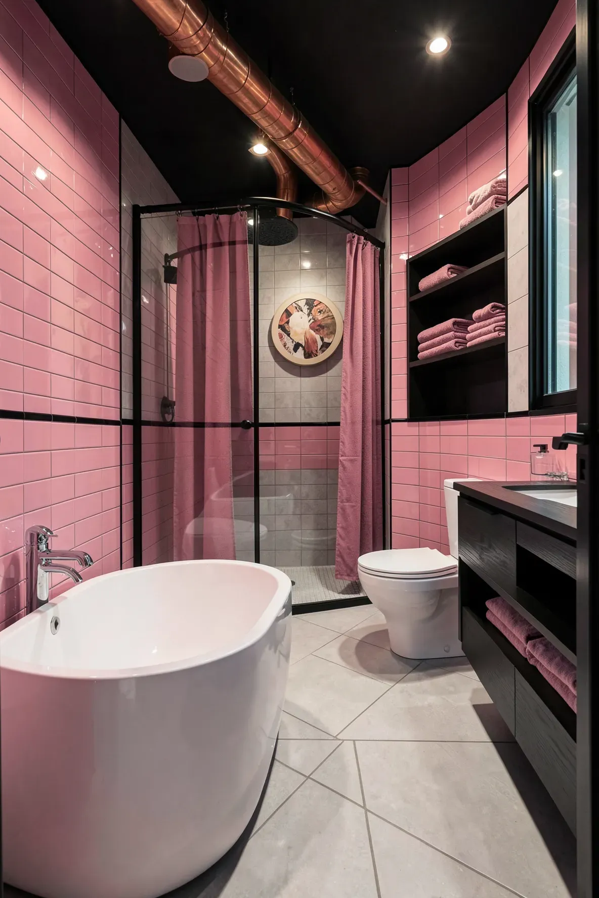 A modern bathroom with glossy pink tiled walls and black trim, an oval freestanding tub, a glass shower enclosure, a circular woven wall art centerpiece, dark vanity shelving with neatly stacked pink linens, and industrial copper ducting overhead.