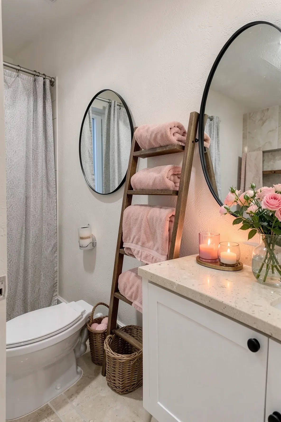 A bright modern bathroom vignette with a wooden ladder towel shelf holding blush-pink folded towels, a black oval mirror reflecting warm lighting, a light stone vanity, a candle tray with pink glass holders, and a toilet/shower area in the left background.