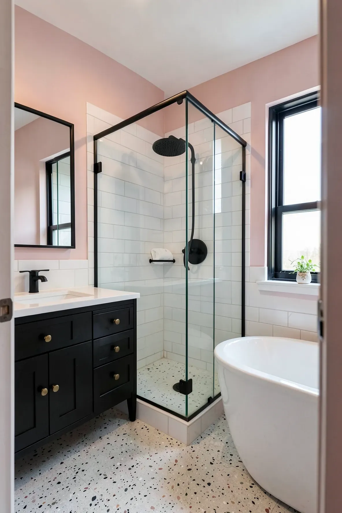 A bright modern bathroom corner with blush-pink walls, a black-framed walk-in glass shower, a sleek black vanity with brass-toned knobs, and a white freestanding soaking tub by a window with greenery on the sill.