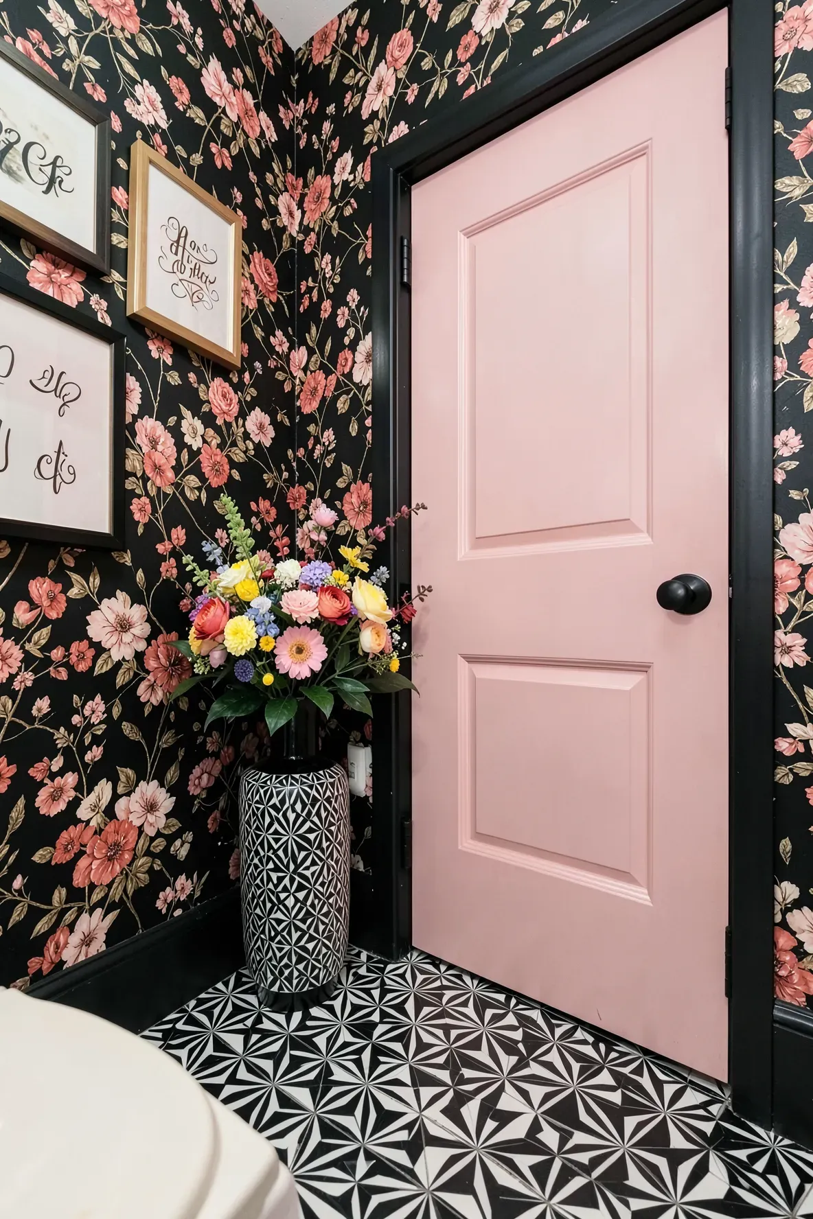 A romantic bathroom corner with dense black floral wallpaper, a raised-panel blush-pink door, a black-and-white geometric tiled floor, and a tall floral arrangement in a black geometric vase near the door base.