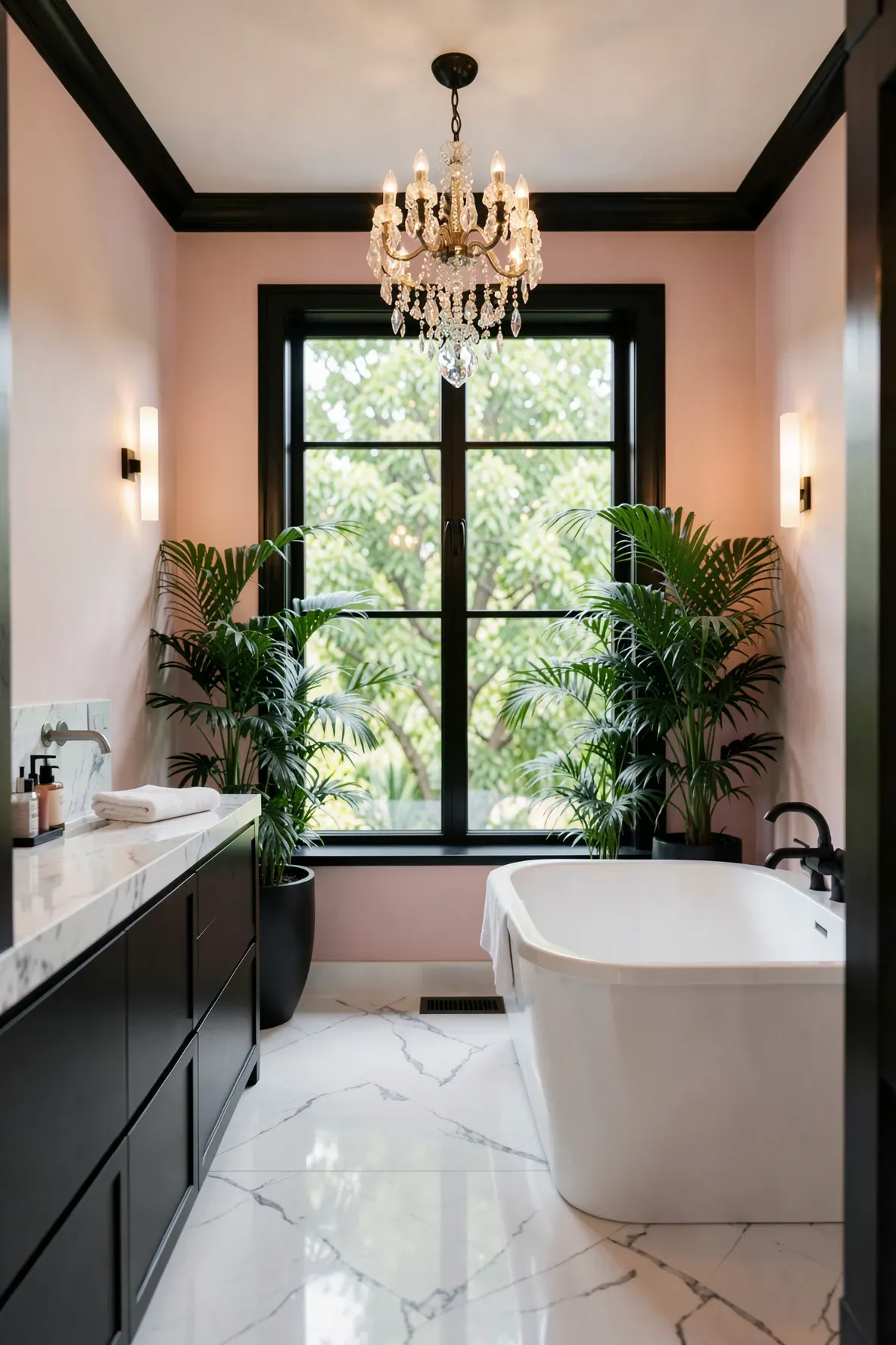 A luxury bathroom with soft blush-pink walls, a large black-framed window showing greenery, abundant tropical plants, a white freestanding soaking tub, and a warm crystal chandelier with slim vertical wall sconces.