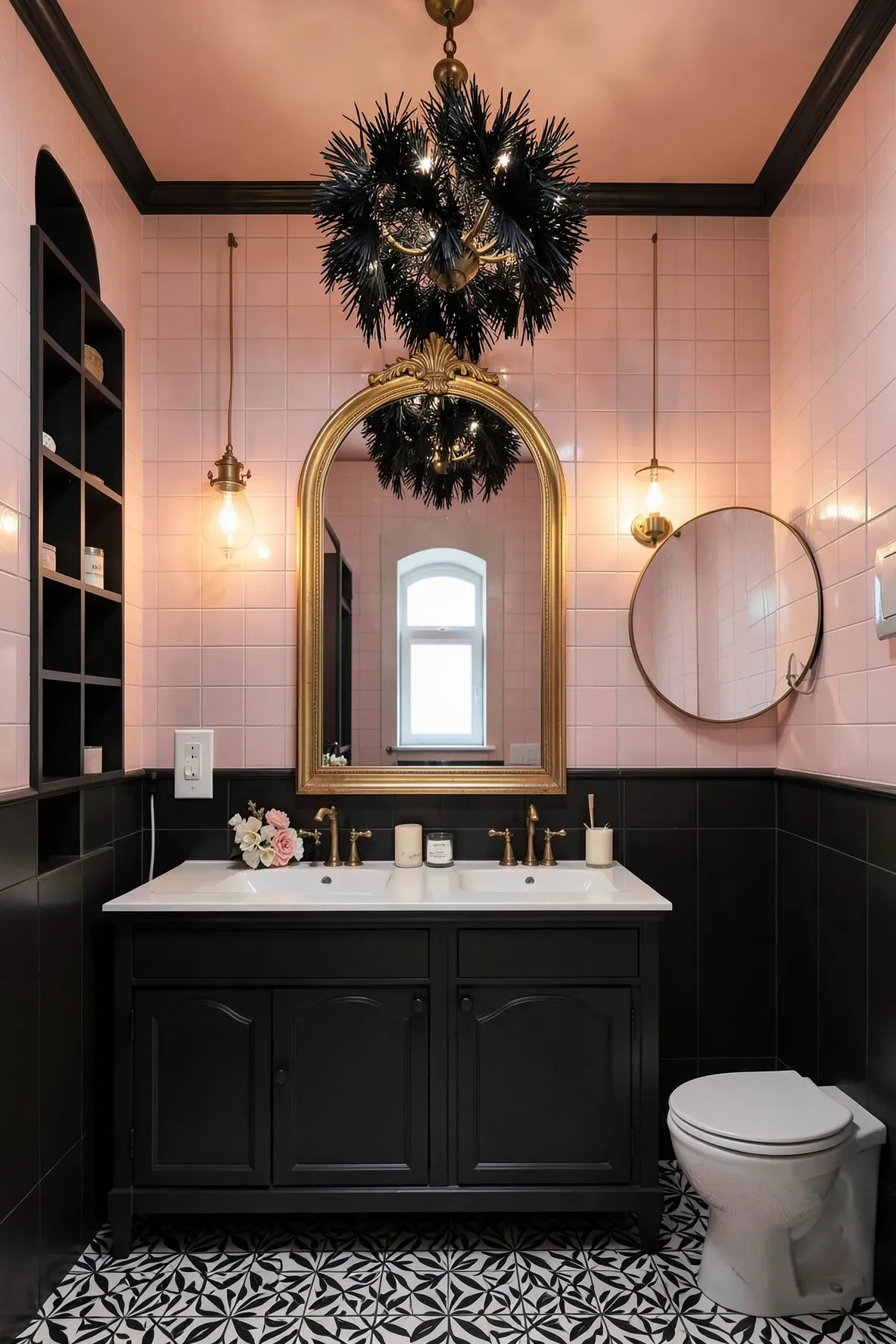 A theatrical upscale bathroom with blush-pink square tiles, dark floor paneling, a gilded arched vintage mirror, two sink basins with brass faucets, a dramatic feather-like chandelier, and symmetrical decorative elements.