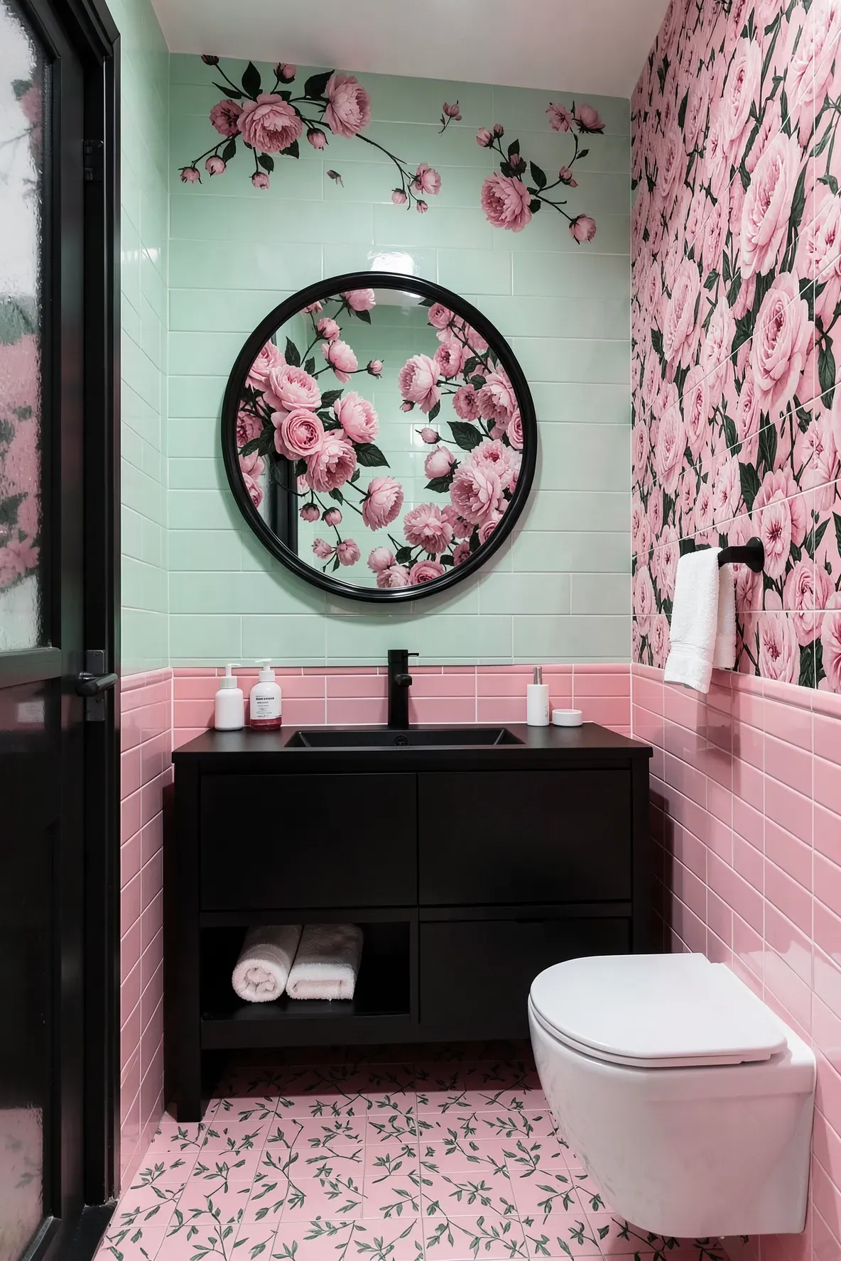 A modern spa-style bathroom with a mint-green tiled backdrop, hot-pink tiled lower wainscoting, a large circular black-framed mirror with pink floral inside the reflection, a black vanity, a white toilet, and towel styling on the right wall.