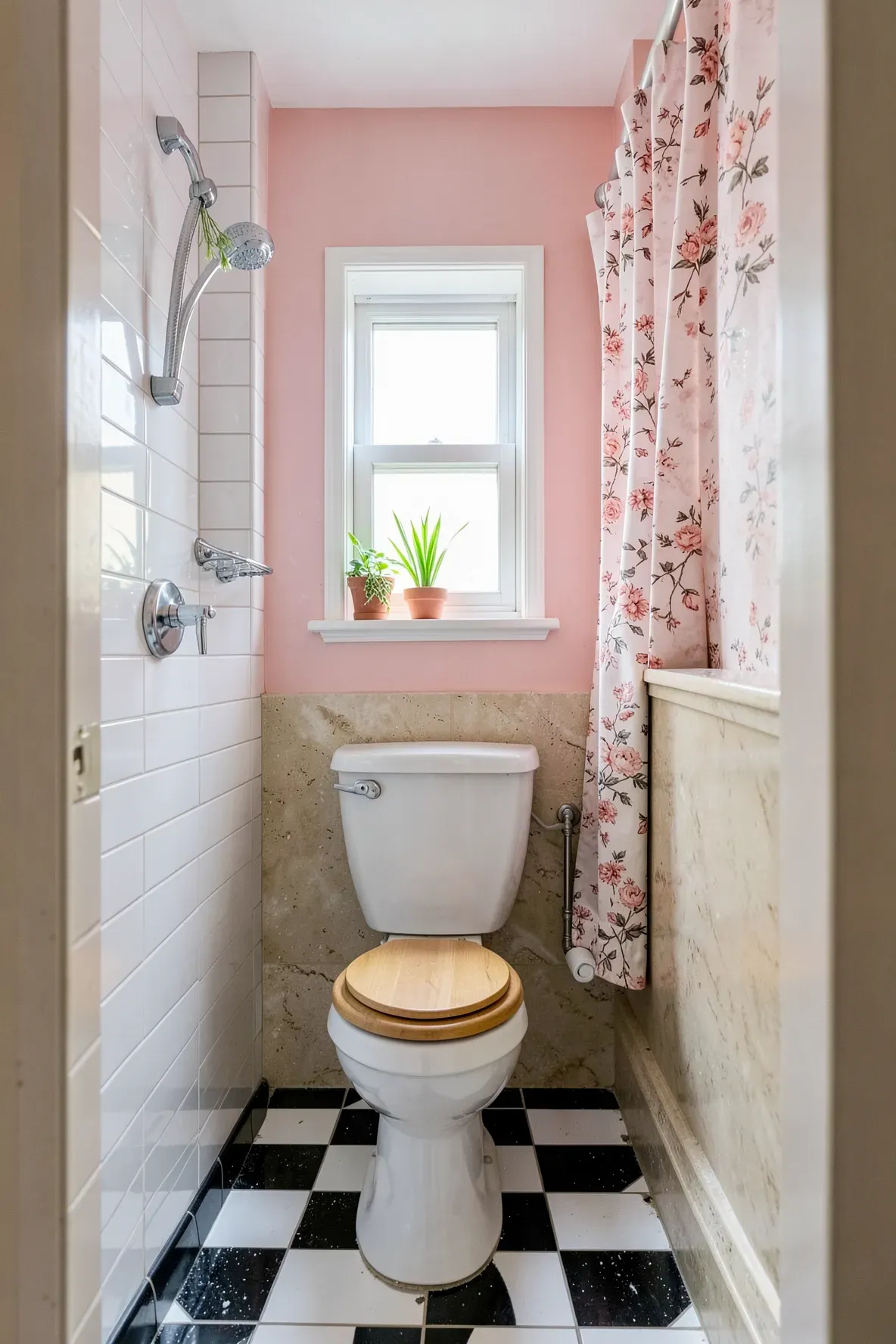 A small bathroom with soft blush-pink walls, a black-and-white checkered glossy floor, a white toilet, a window with a plant on the sill, a tall white subway-tiled shower column, and a pink patterned shower curtain on the right.