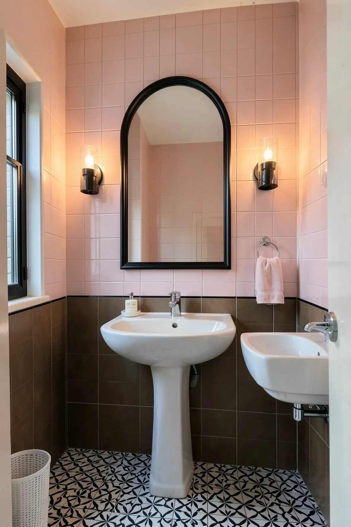 A modern powder room with blush-pink square wall tiles, an espresso-brown accent band, an arched black-framed mirror flanked by black-and-glass sconces, two white basins, chrome fixtures, and a black-and-white patterned floor.
