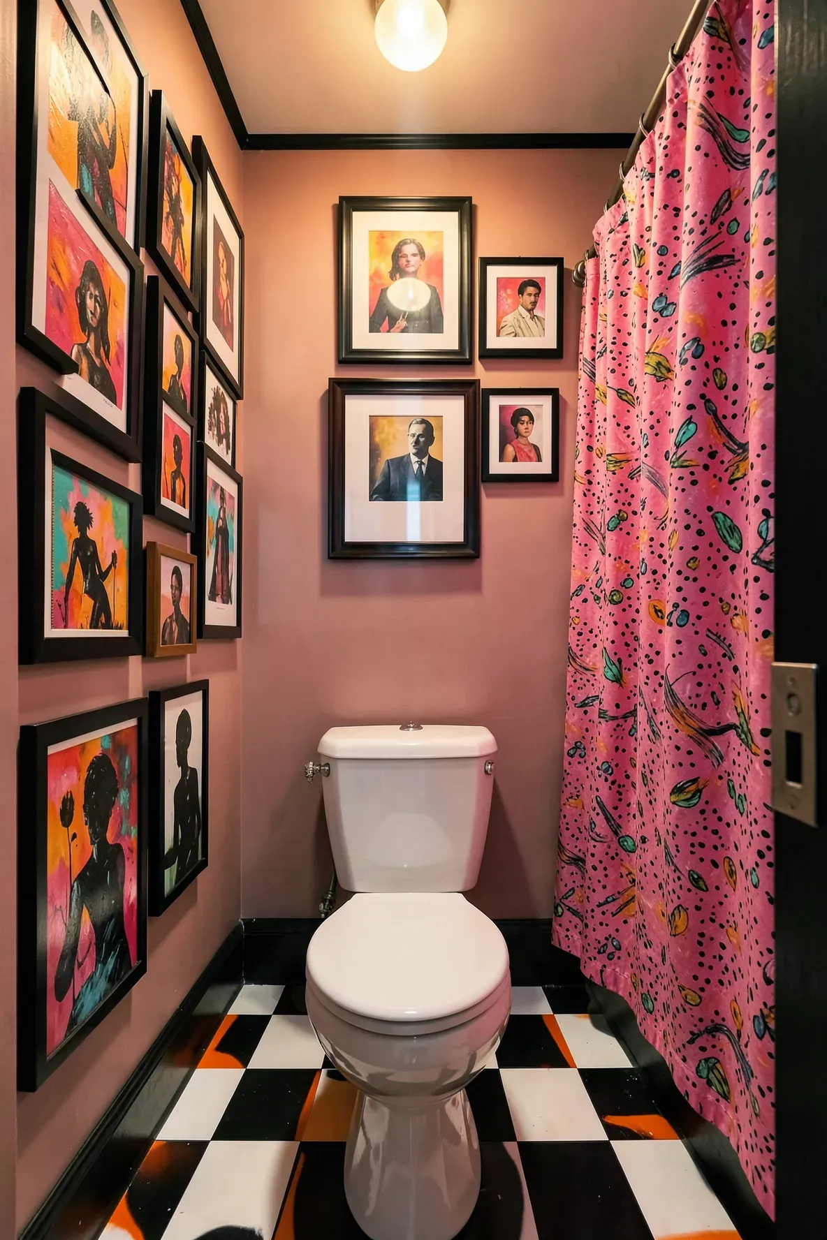 A narrow black-and-pink bathroom corridor with a centered white toilet, black-and-white checkerboard floor, vivid graffiti/painting-style wall panels, and a hot-pink patterned shower curtain on the right edge under warm overhead lighting.