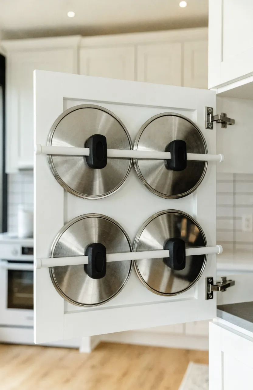 Inside of a white cabinet door with four stainless steel pot lids held securely by two horizontal tension rods.