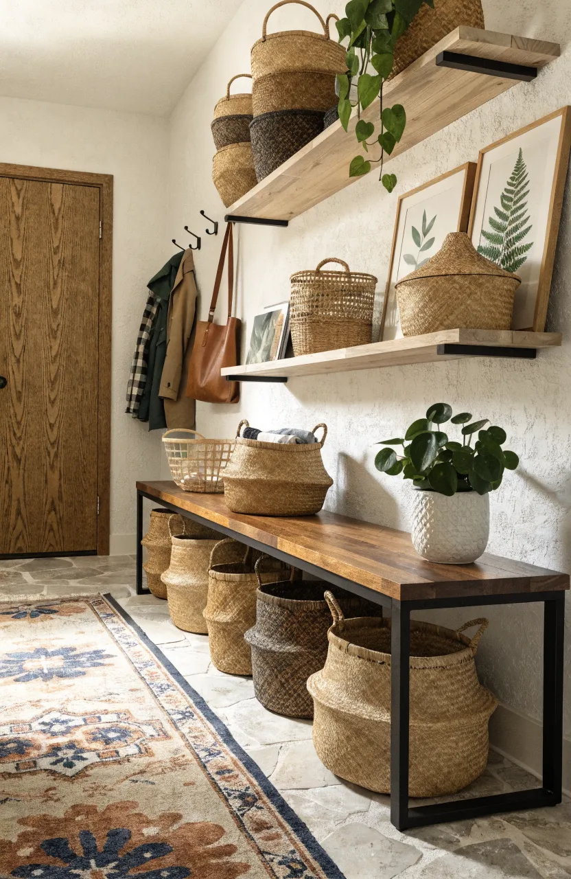 A modern farmhouse entryway with a dark wood bench, black metal hooks for coats, and woven baskets for storage.