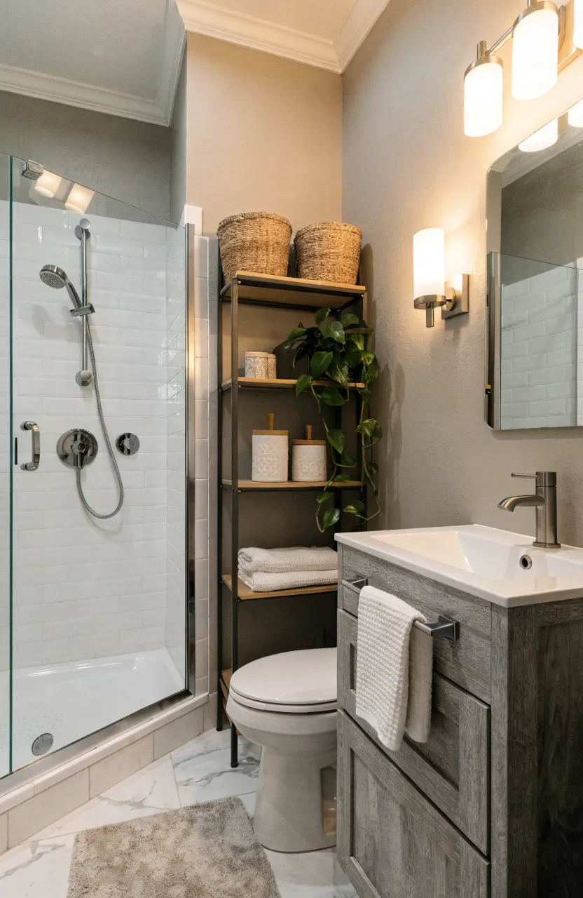 A four-tier industrial style rack over a toilet featuring wooden shelves, wicker baskets, and a trailing plant.