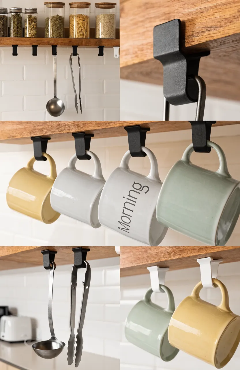 Matte black and white metal under-shelf racks with hooks holding mugs and kitchen utensils.
