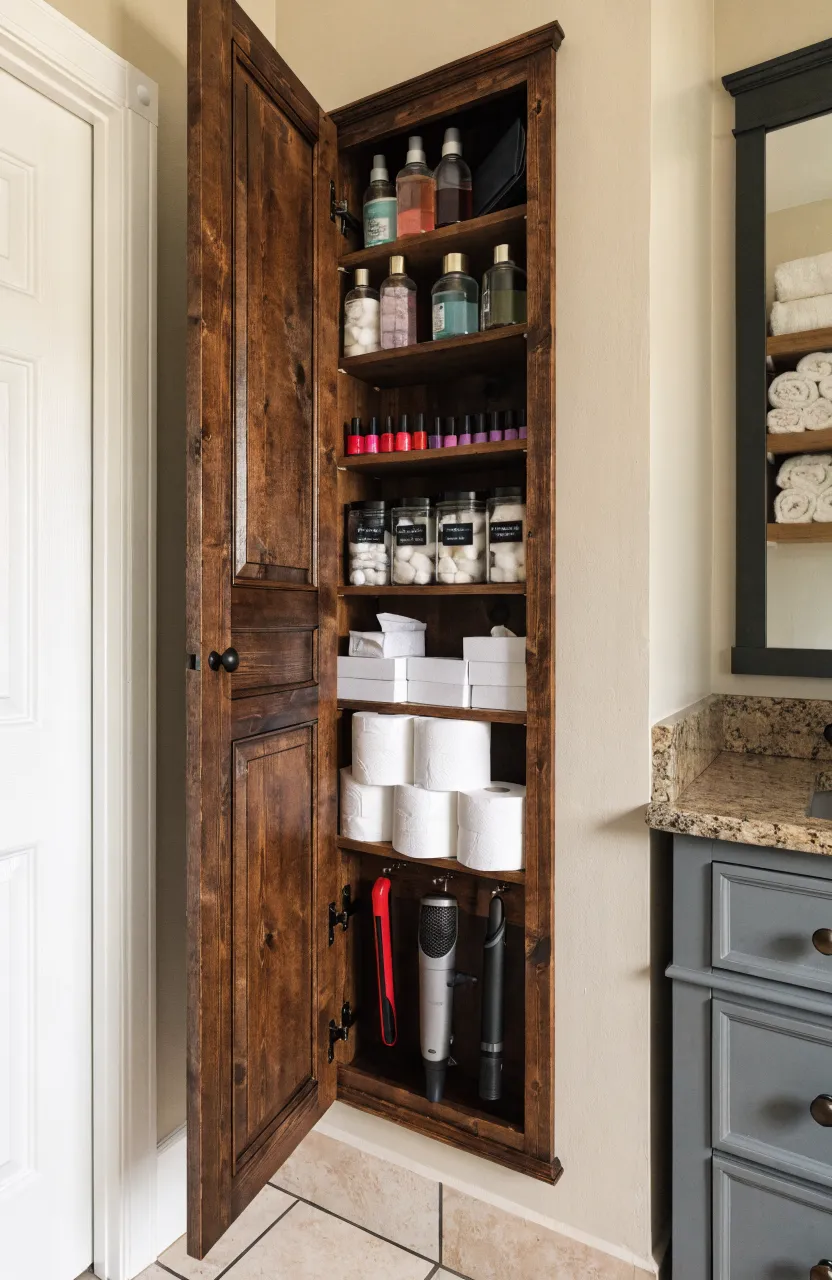 A narrow dark wood wall-mounted cabinet in a bathroom filled with organized toiletries and glass jars.