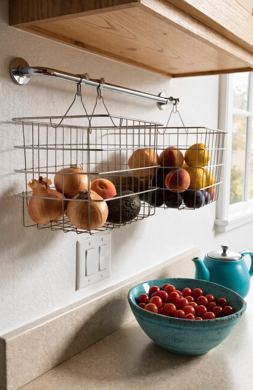 Two silver wire baskets hanging from a chrome rail in a kitchen, containing onions, lemons, and plums.