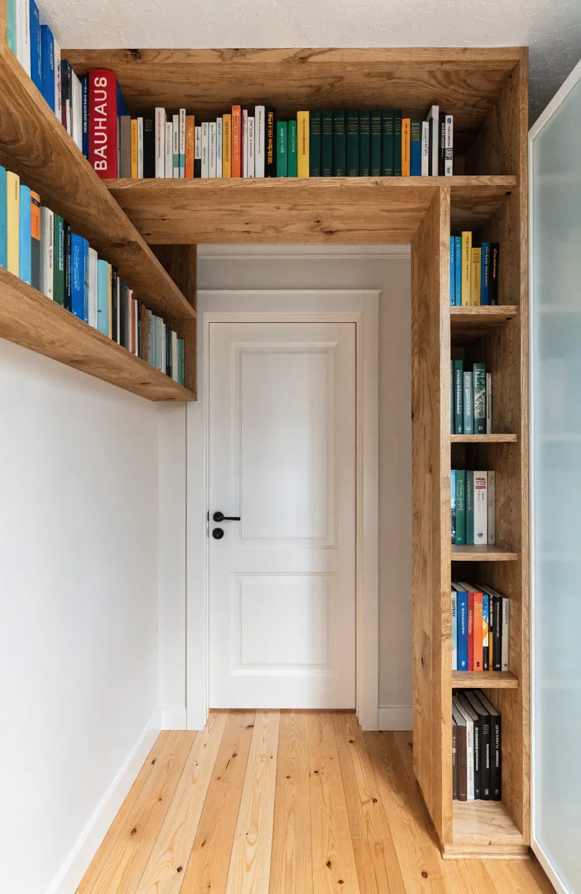 Light wood shelving unit built specifically to frame the top and side of a white interior door.