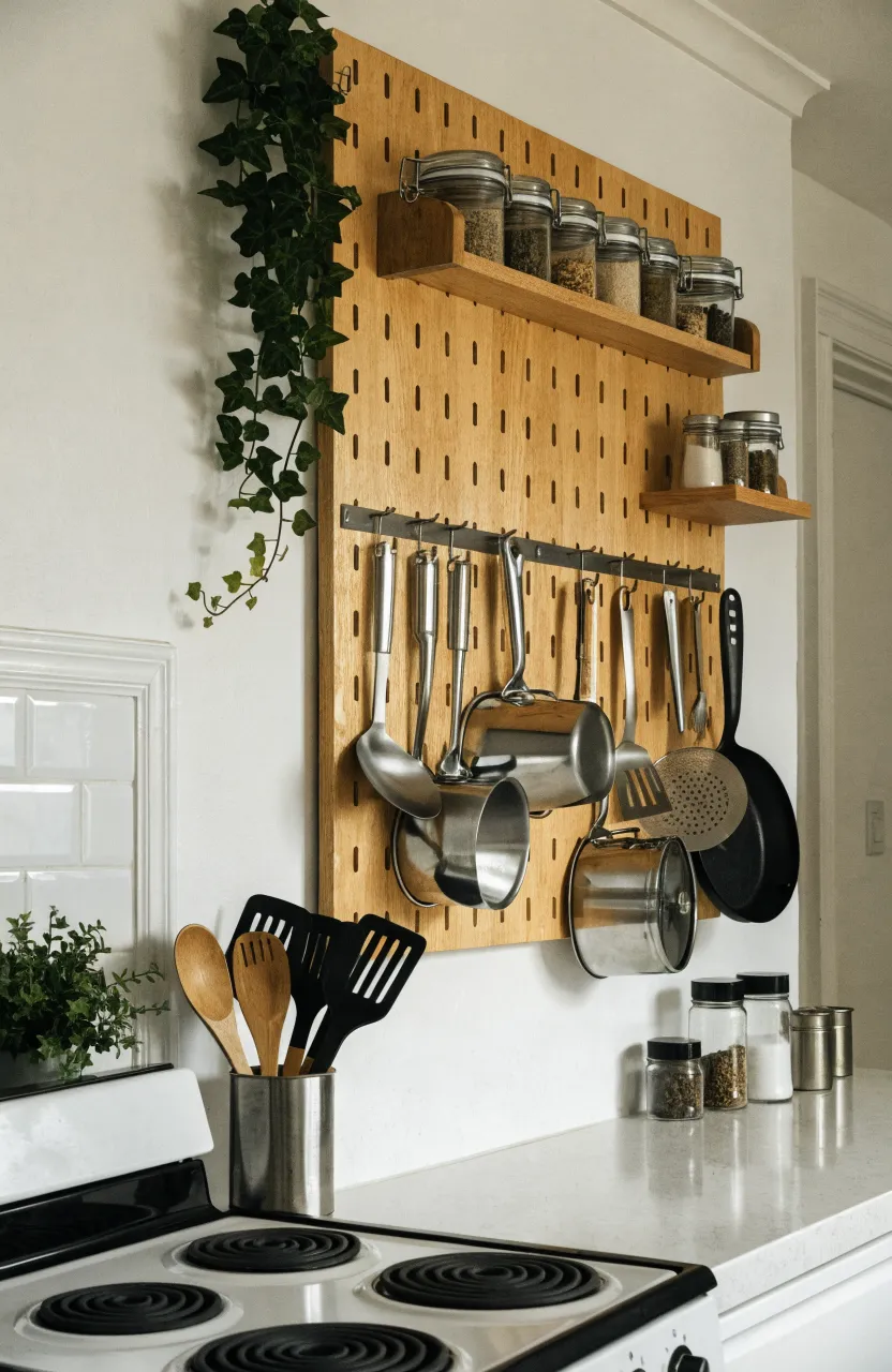 A natural wood pegboard on a white wall holding stainless steel pans and a wooden spice rack.
