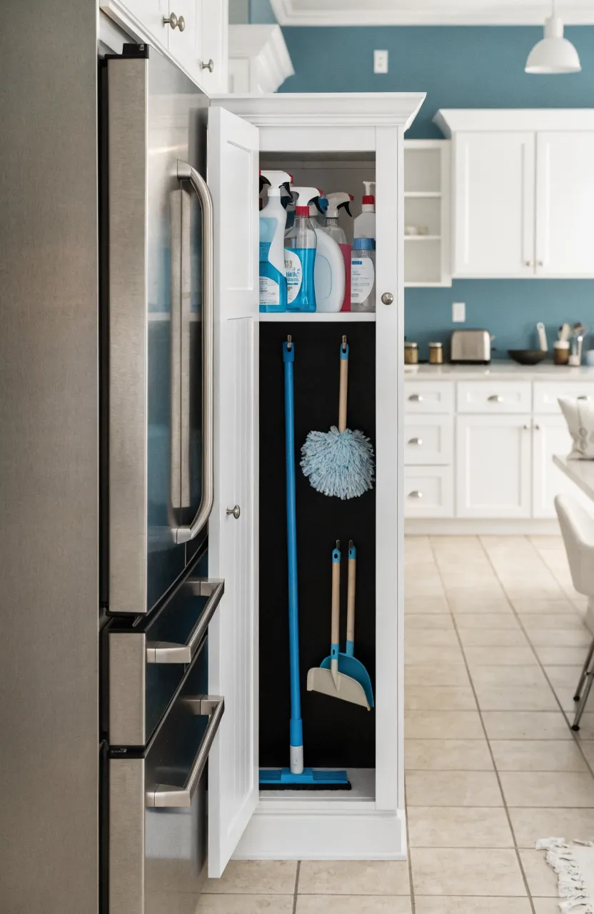 A narrow white utility cabinet opened to show a blue mop and cleaning bottles standing next to a refrigerator.