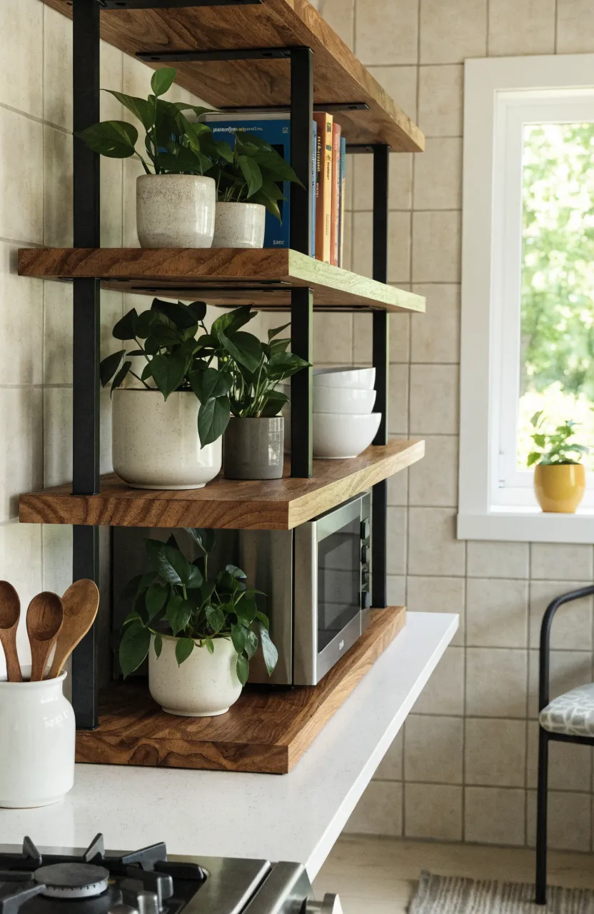 A kitchen corner featuring walnut wood floating shelves that frame a built-in microwave nook.