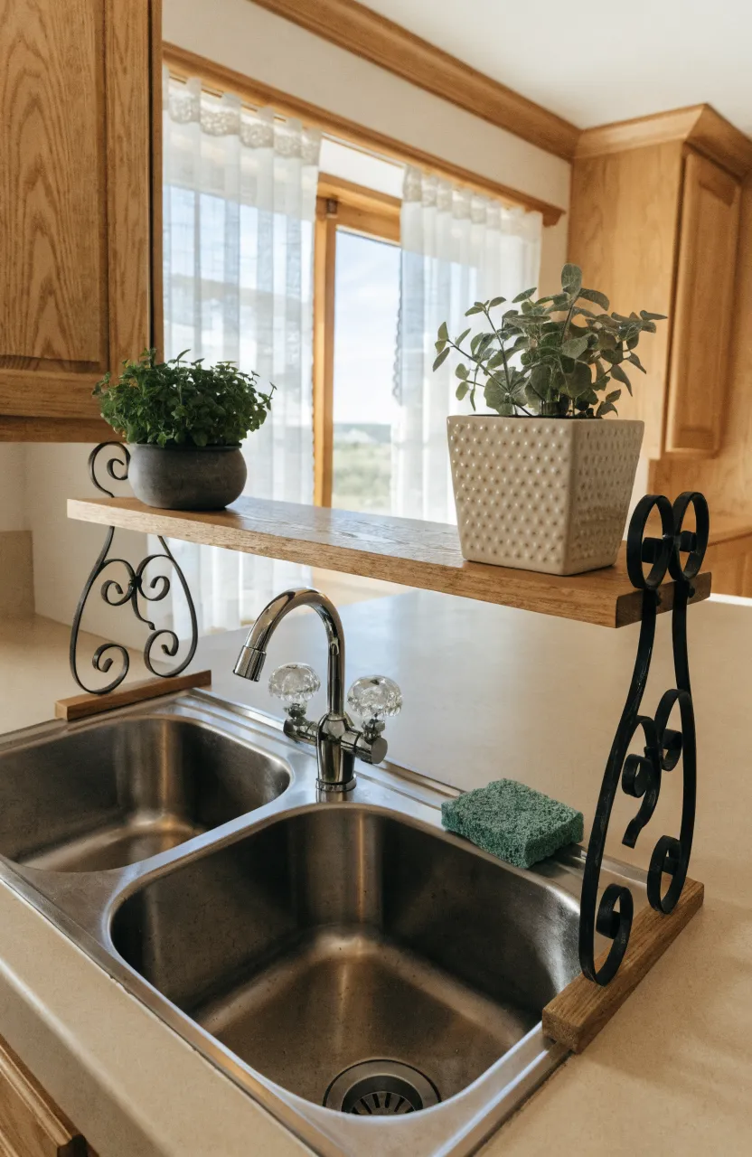 A light wood shelf with black iron brackets spanning across a kitchen sink holding herbs and plants.