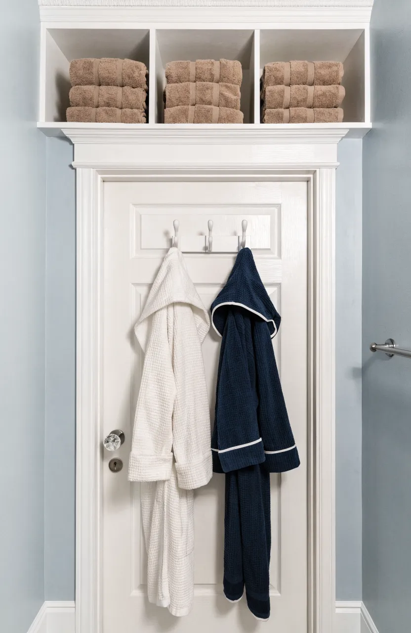 A white recessed cubby shelf mounted above a bathroom door containing neatly folded beige towels.