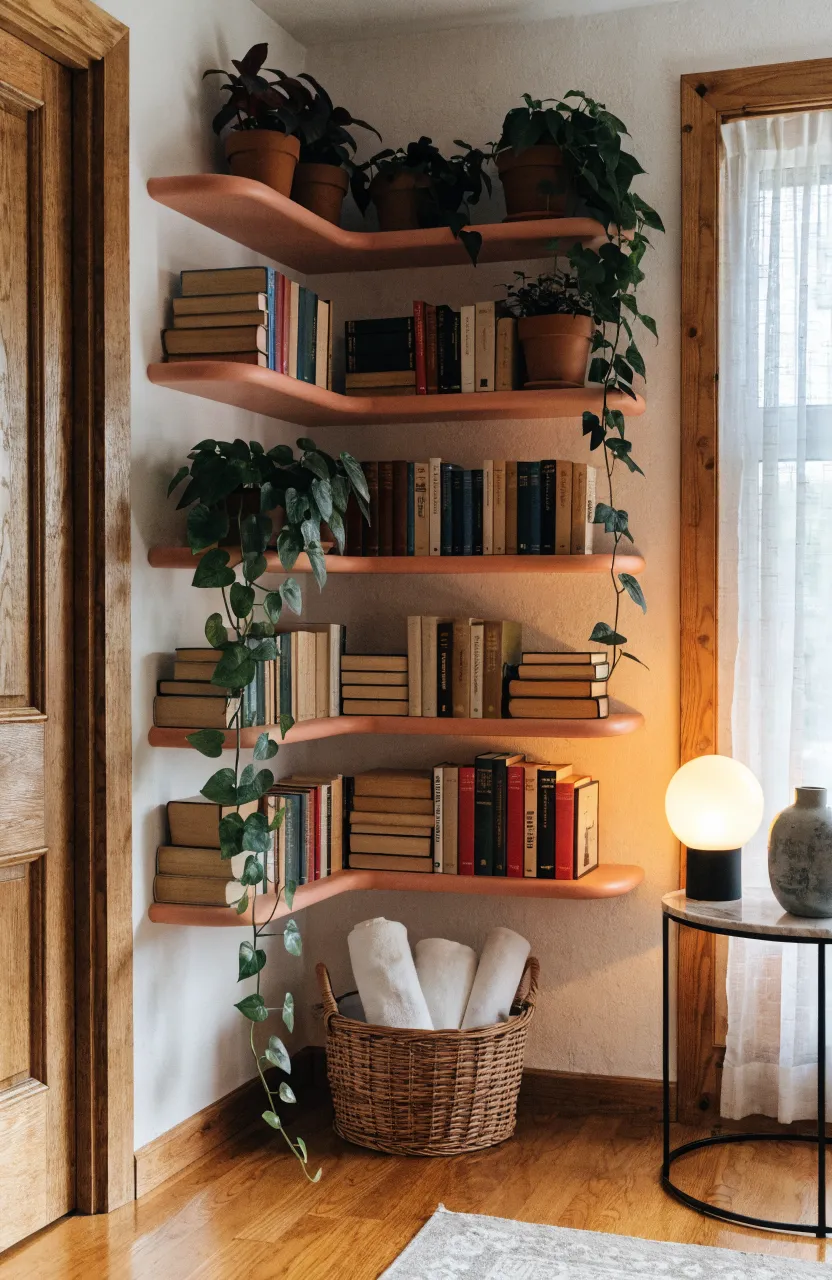 A salmon-pink L-shaped corner shelving unit filled with books and plants next to a window.