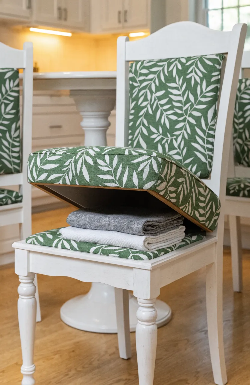 A white dining chair with a green leaf-patterned seat cushion lifted to reveal napkins stored inside.