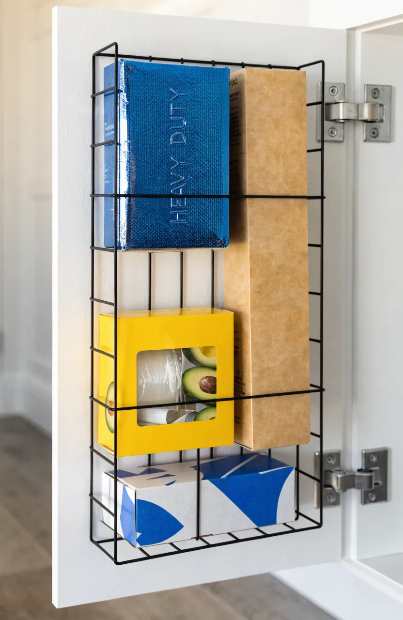 A black wire magazine holder attached to the inside of a white cabinet door holding boxes of foil and parchment paper.