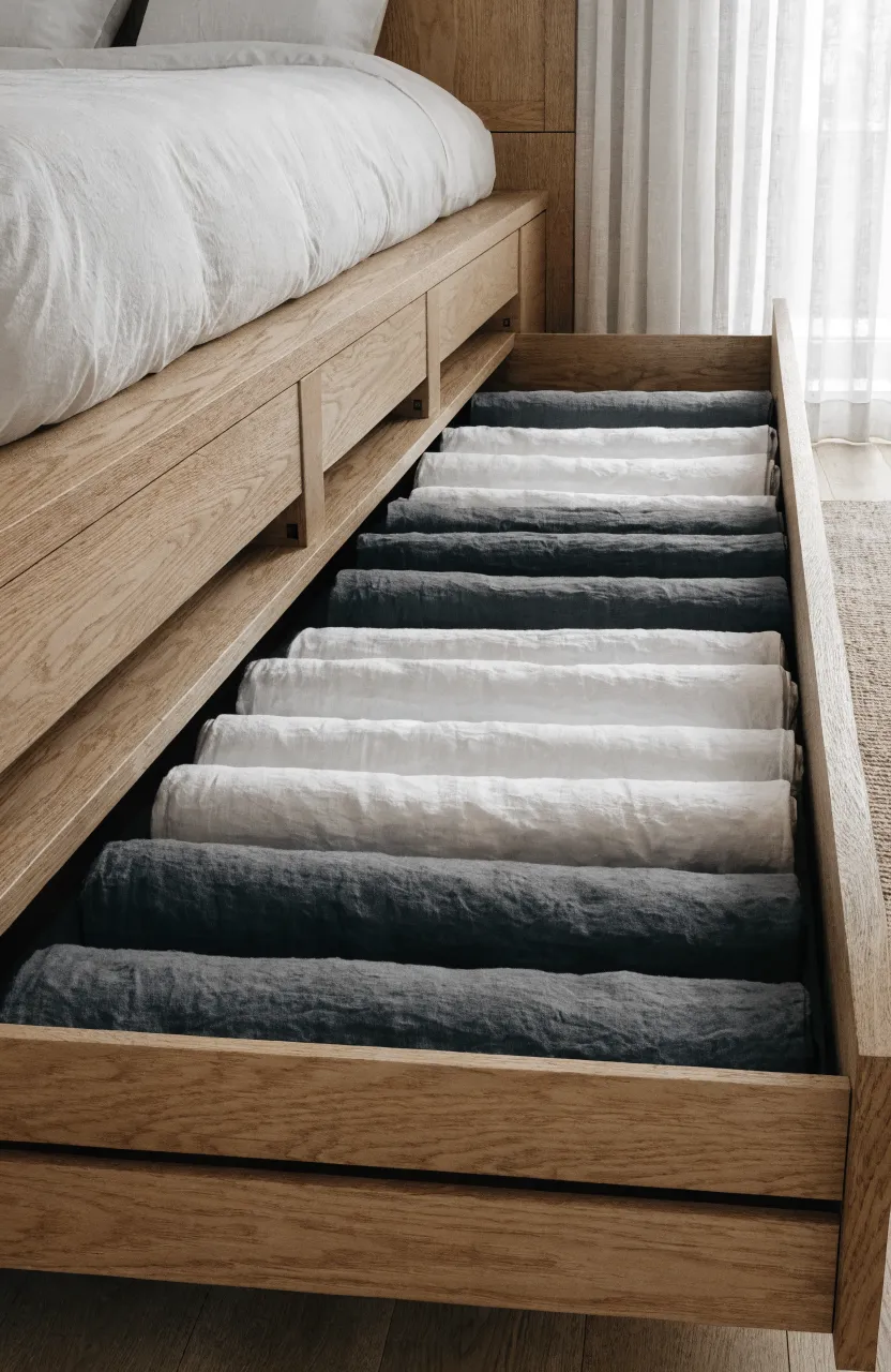 A light oak platform bed featuring large pull-out drawers filled with rolled charcoal and white linens.