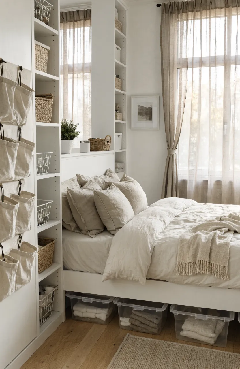 A minimalist bedroom with clear bins under the bed and a tall white shelf integrated into the headboard.