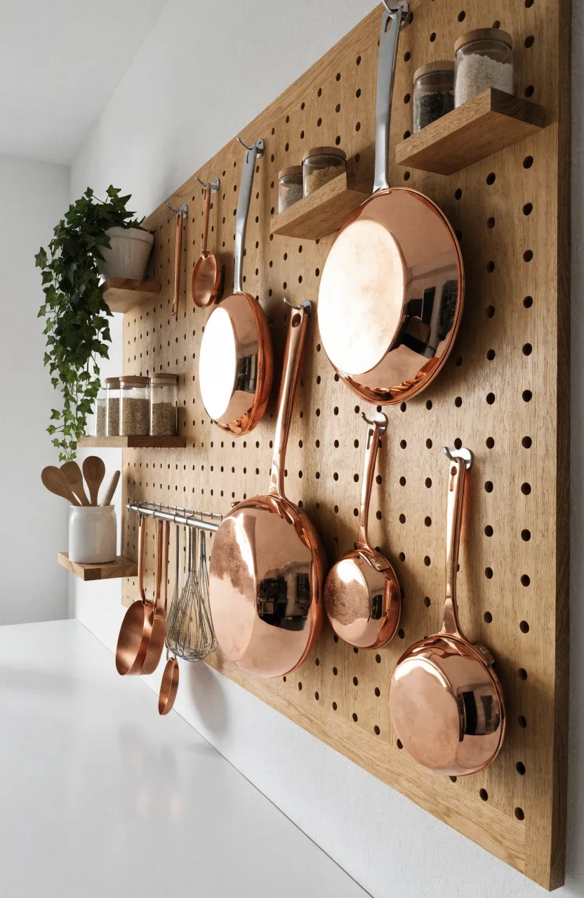 A light oak pegboard with copper pans, wooden spoons, and small spice shelves mounted on a white wall.