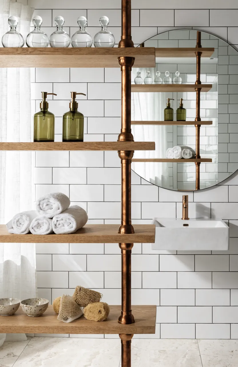 A bathroom featuring copper pipe shelving with light wood planks against a white subway tile wall.