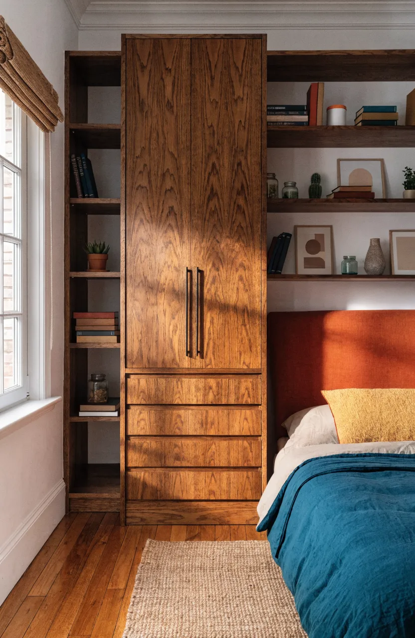 A mid-century modern bedroom with a tall walnut closet and open shelves surrounding a bed with a teal duvet.