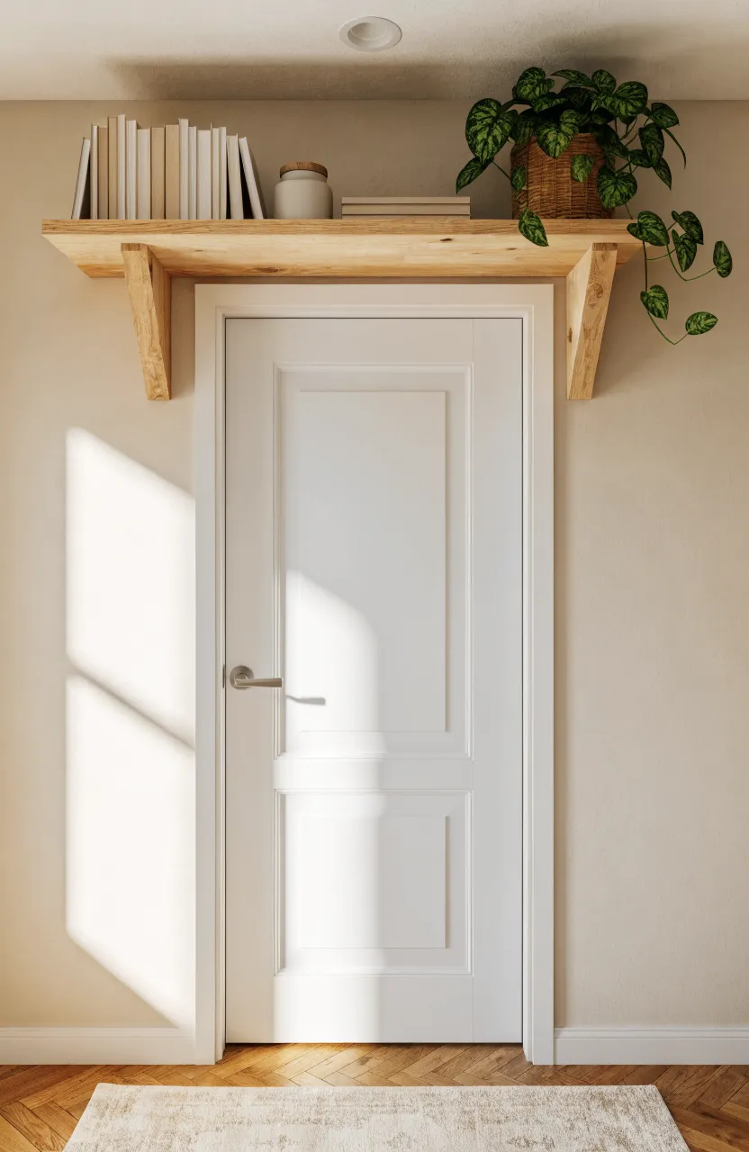 A light pine floating shelf with wooden brackets mounted high above an interior door holding books and a plant.
