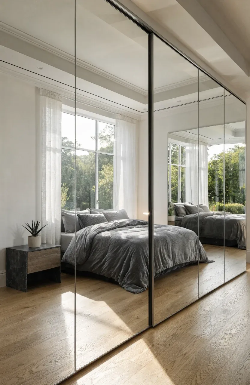 A modern bedroom with floor-to-ceiling mirrored sliding wardrobe doors reflecting a bright room.