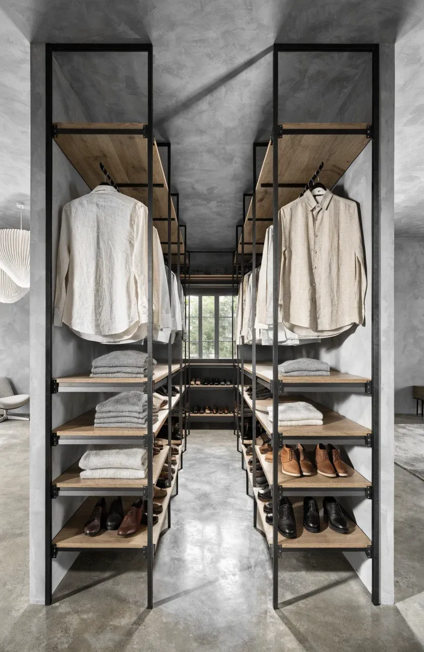 An open-concept walk-in wardrobe with black metal frames and wooden shelves in a modern bedroom.