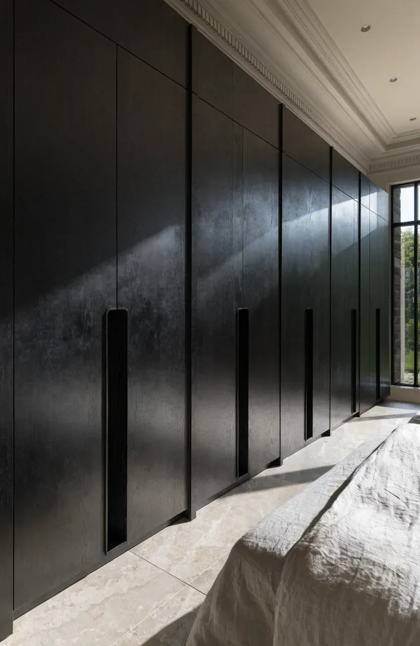 A full-wall matte black built-in wardrobe with recessed handles in a bright modern bedroom.
