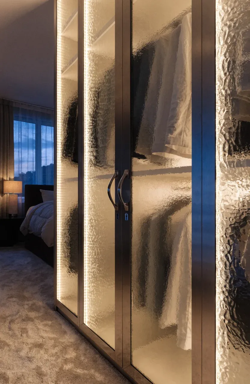 Frosted glass wardrobe doors glowing with soft internal LED lighting in a dark bedroom.