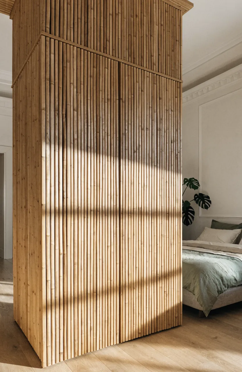A sustainable bamboo wardrobe with vertical slats in a bright, Zen-style bedroom.