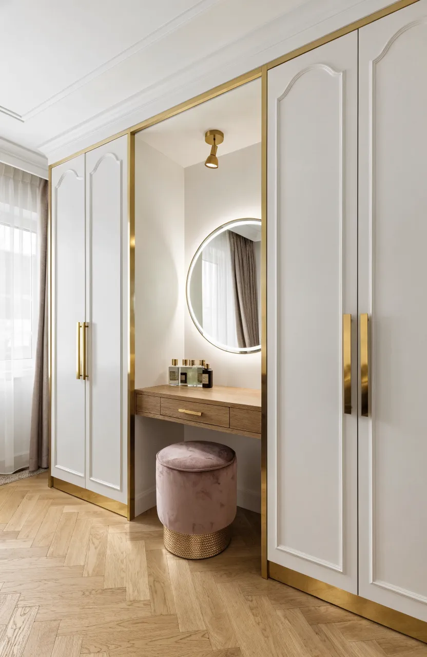 A white modern wardrobe with a built-in wooden vanity desk and a round mirror in the center.