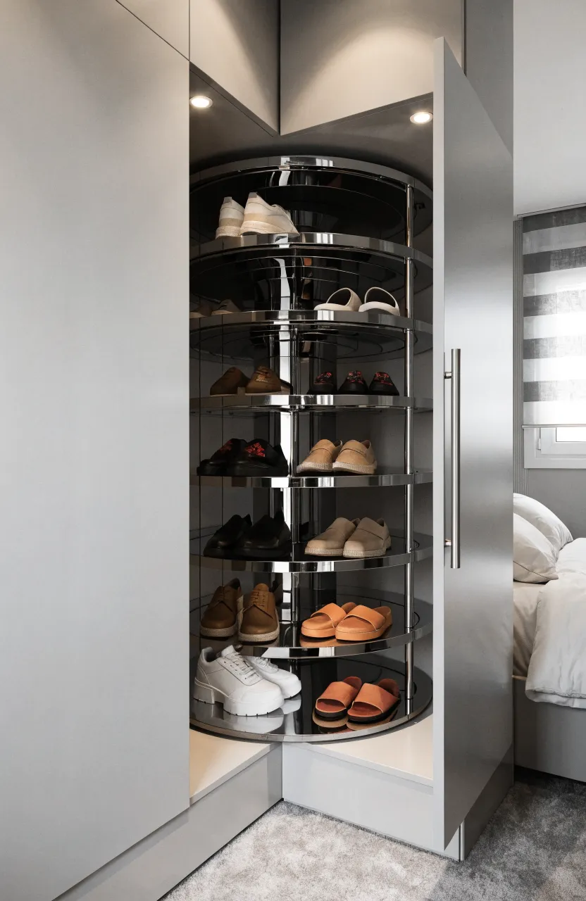 An L-shaped corner wardrobe with an open door showing a revolving carousel shelf for shoes.