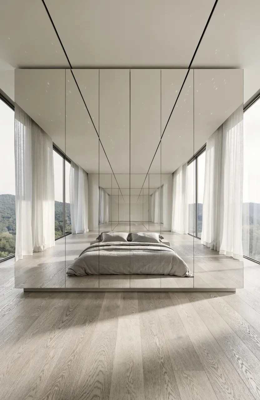 A sleek wall of handleless white high-gloss wardrobes in a bright modern bedroom.