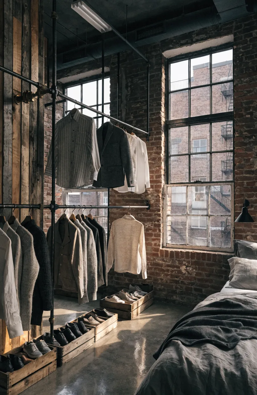 Open industrial wardrobe with black metal pipes and wooden crates against a brick wall.